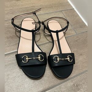 Gucci Horsebit Black Leather Ankle Tie T Strap Flat Sandals
